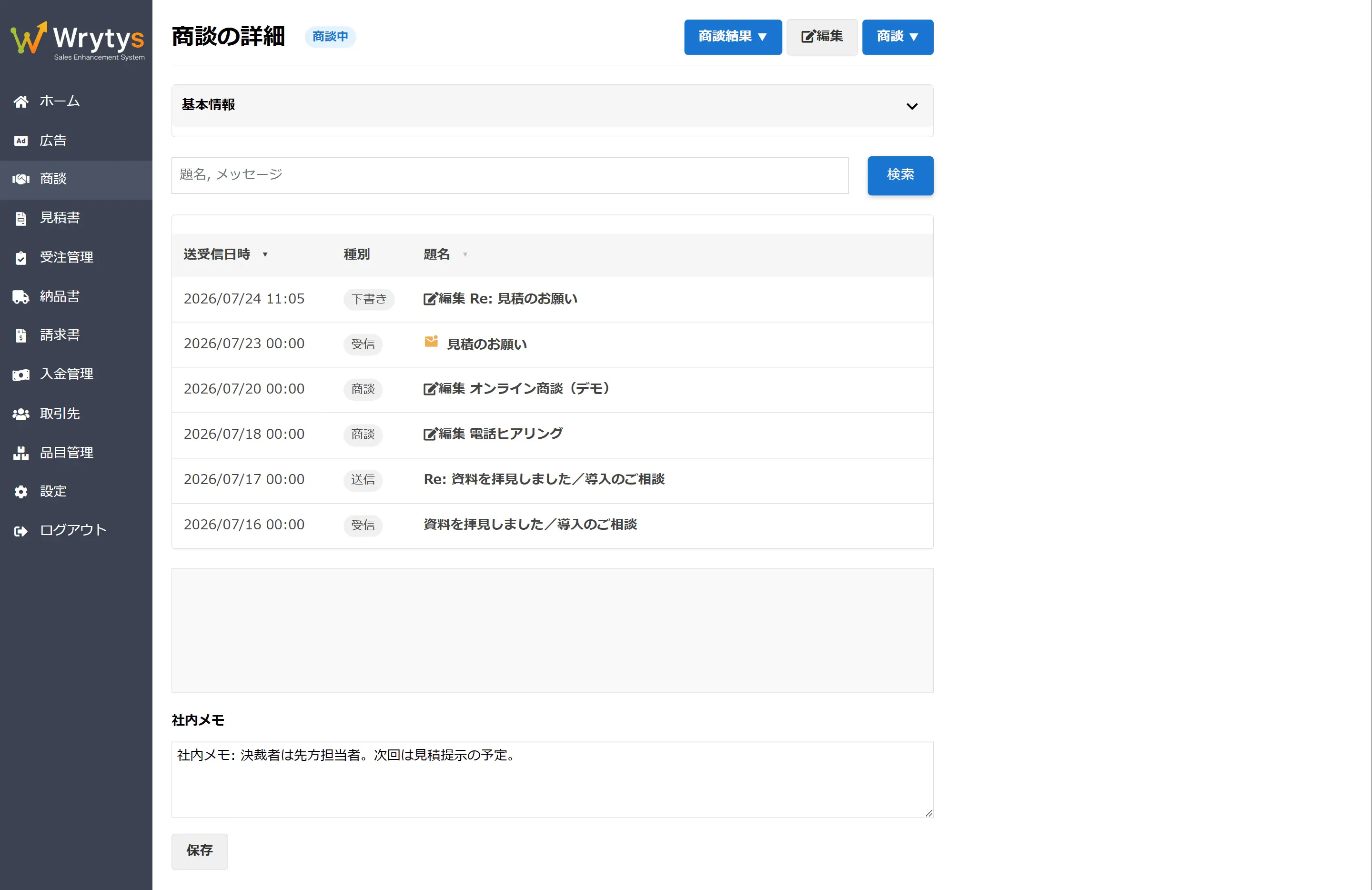 Wrytys の商談詳細画面。メール送受信・電話・訪問の履歴が1本のタイムラインに統合され、未読メールが強調表示されている